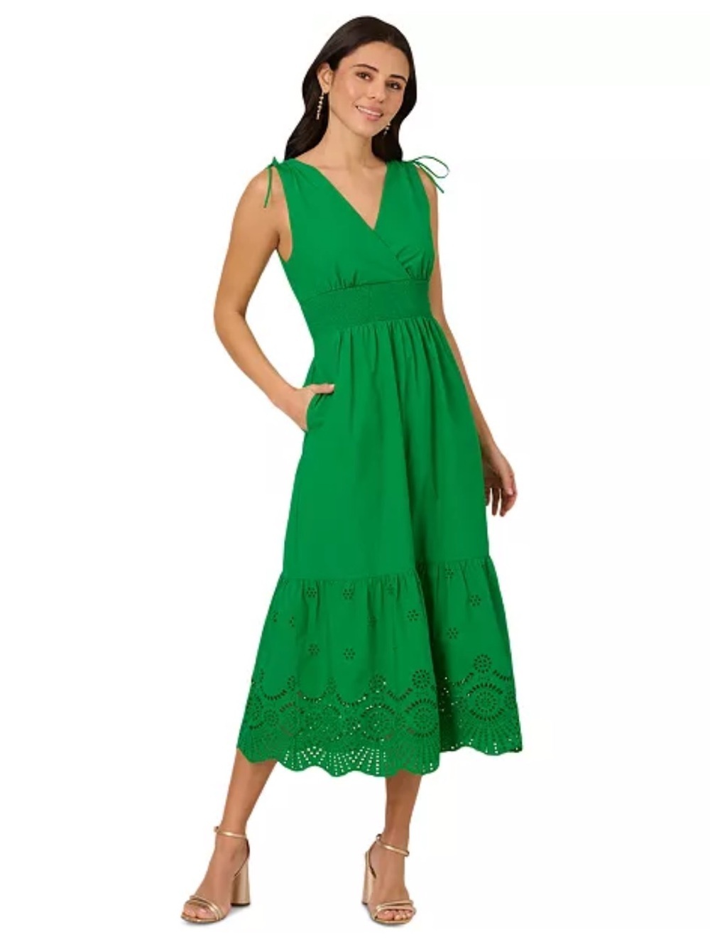 Adrianna Papell Smocked Waist Tie Sleeve Eyelet Cotton Sundress Kelly Green NWT - Picture 2 of 15